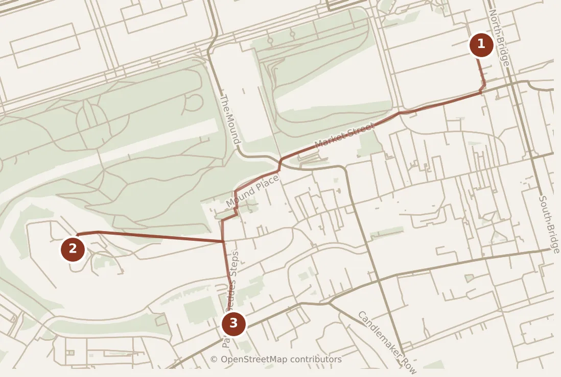Map of Edinburgh, morning: stops 1–3, numbered in walking order.