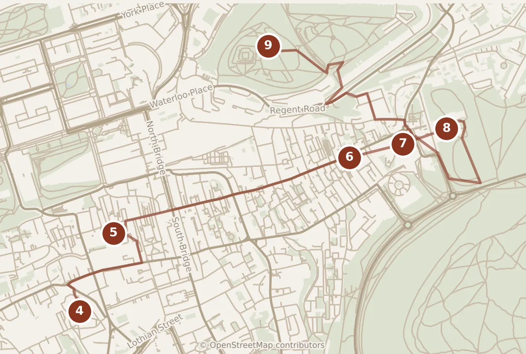 Map of Edinburgh, afternoon and evening: stops 4–9, numbered in walking order.