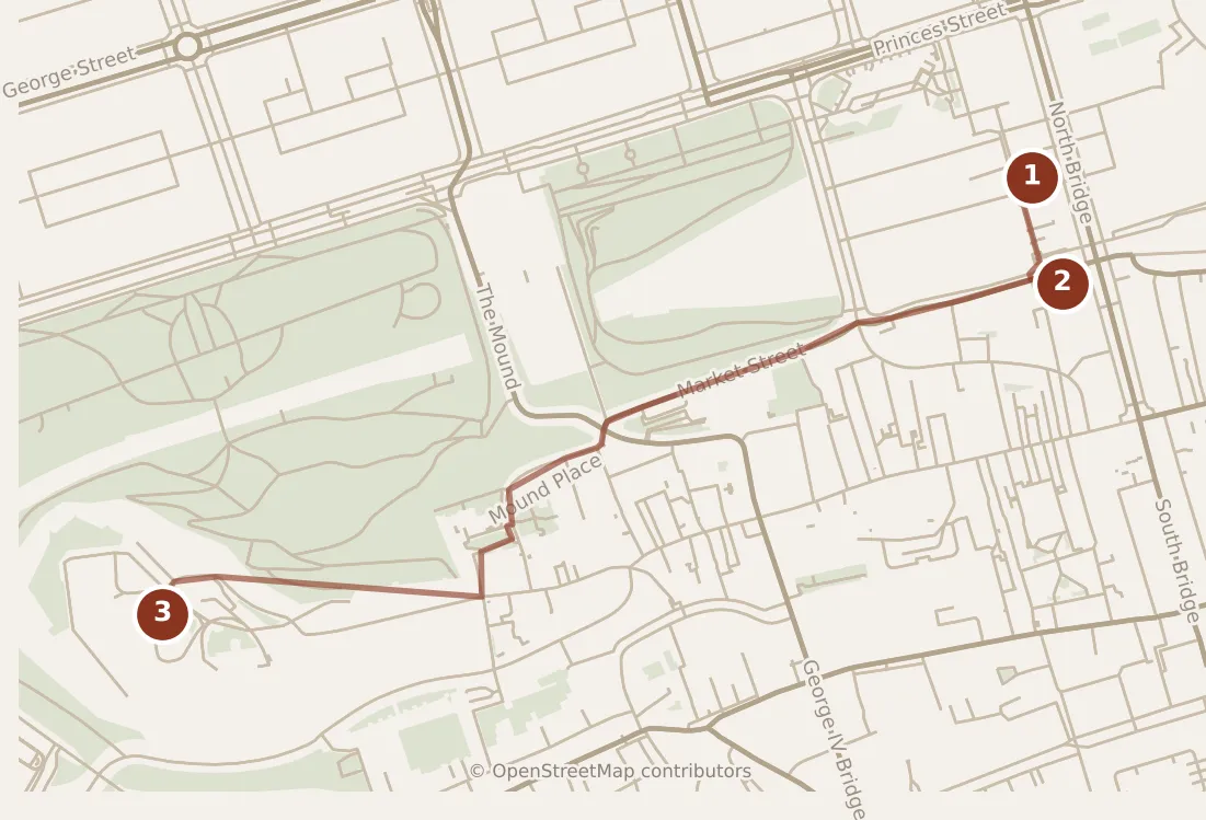 Map of Edinburgh, morning: stops 1–3, numbered in walking order.