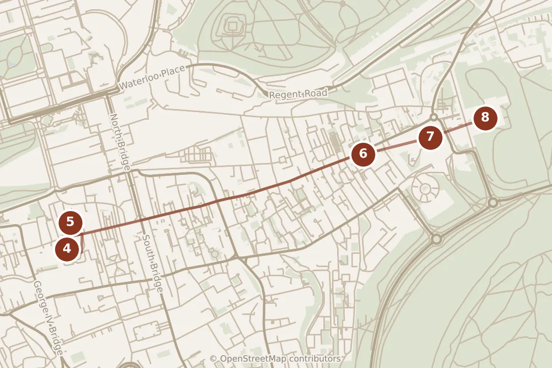 Map of Edinburgh, afternoon: stops 4–8, numbered in walking order.