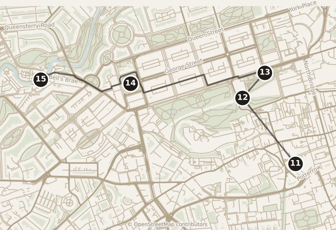 Map of Edinburgh, morning and afternoon: stops 11–15, numbered in walking order.