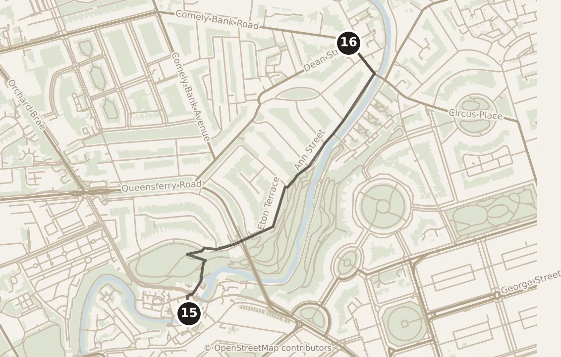 Map of Edinburgh, evening: stop 16, numbered in walking order.