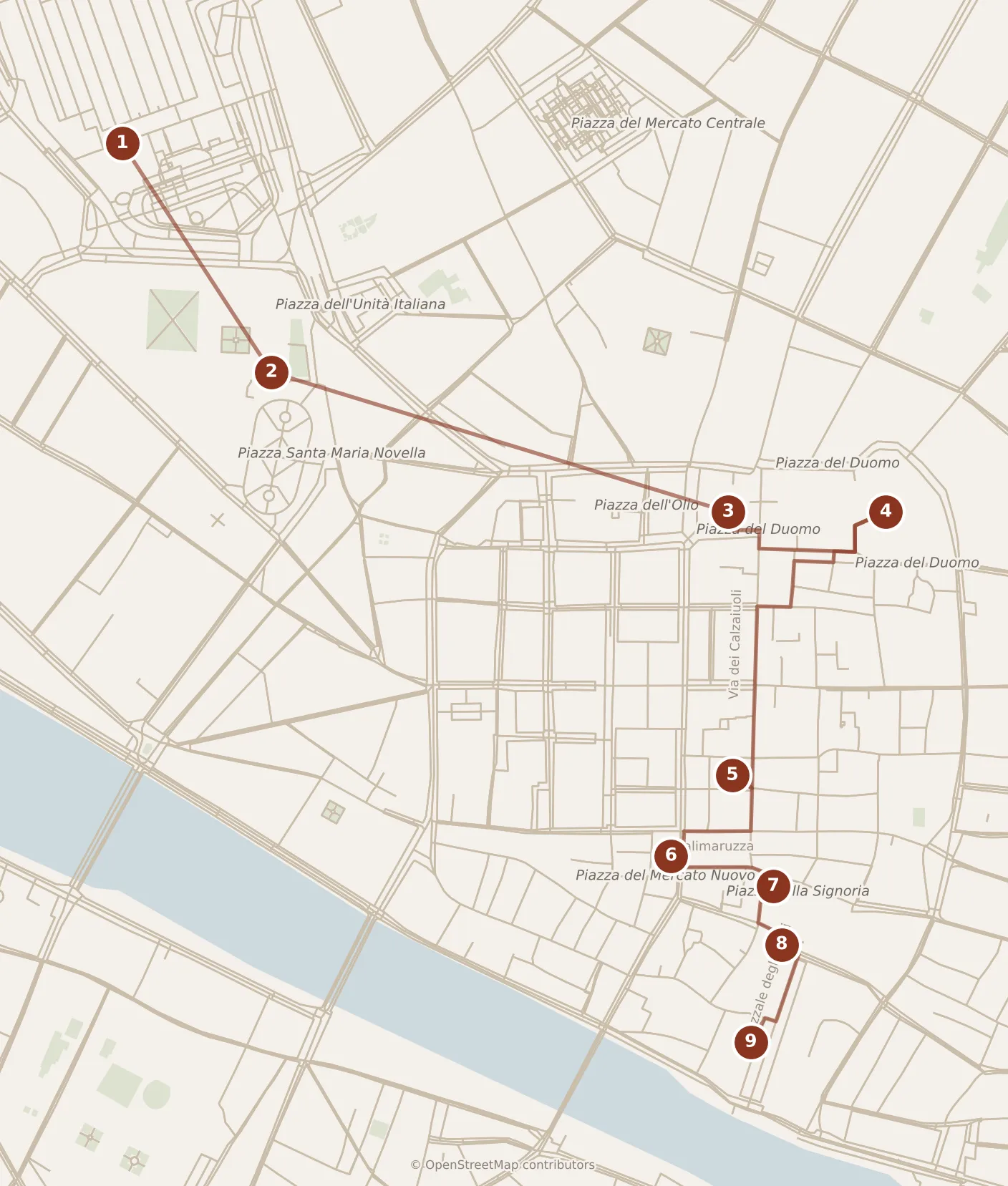 Map of Florence, morning and afternoon: stops 1–9, numbered in walking order.