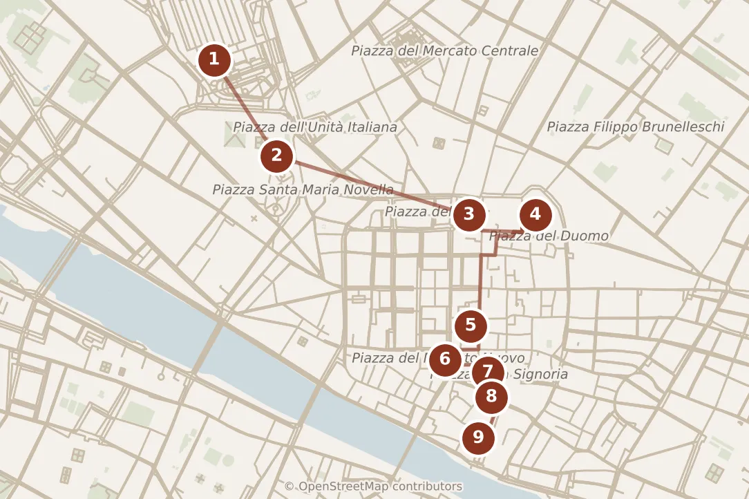 Map of Florence, morning and afternoon: stops 1–9, numbered in walking order.