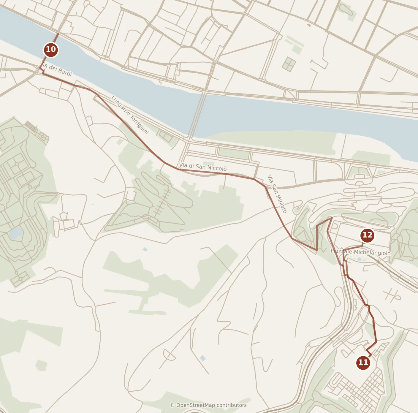 Map of Florence, evening: stops 10–12, numbered in walking order.