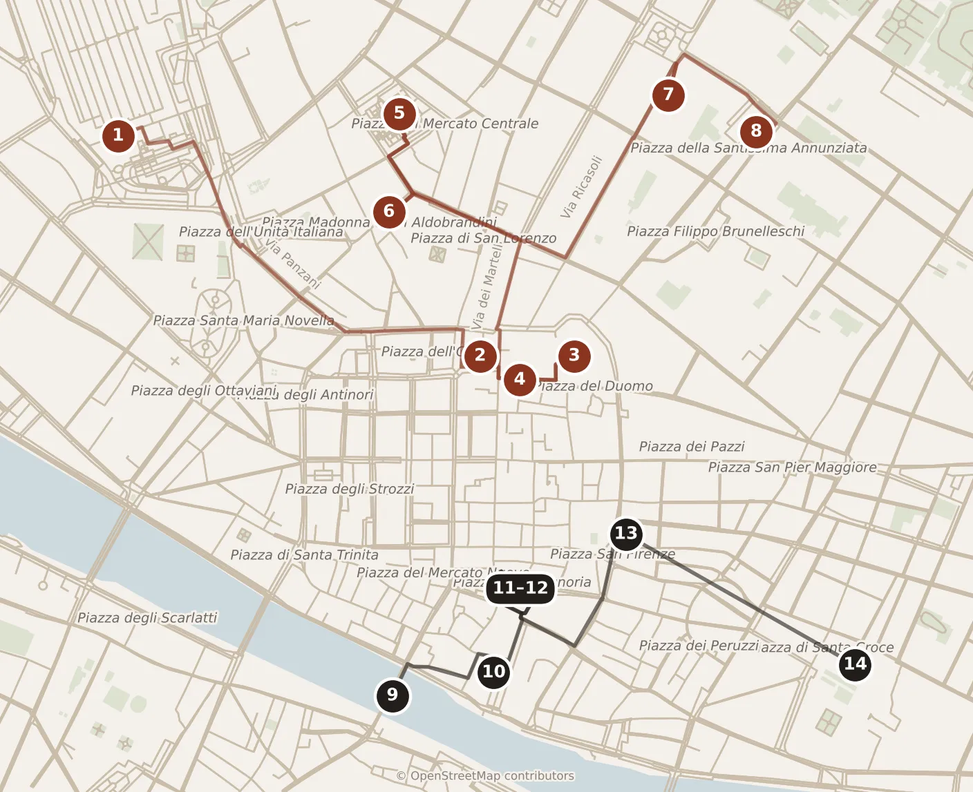 Map of Florence, day one and day two: stops 1–14, numbered in walking order.