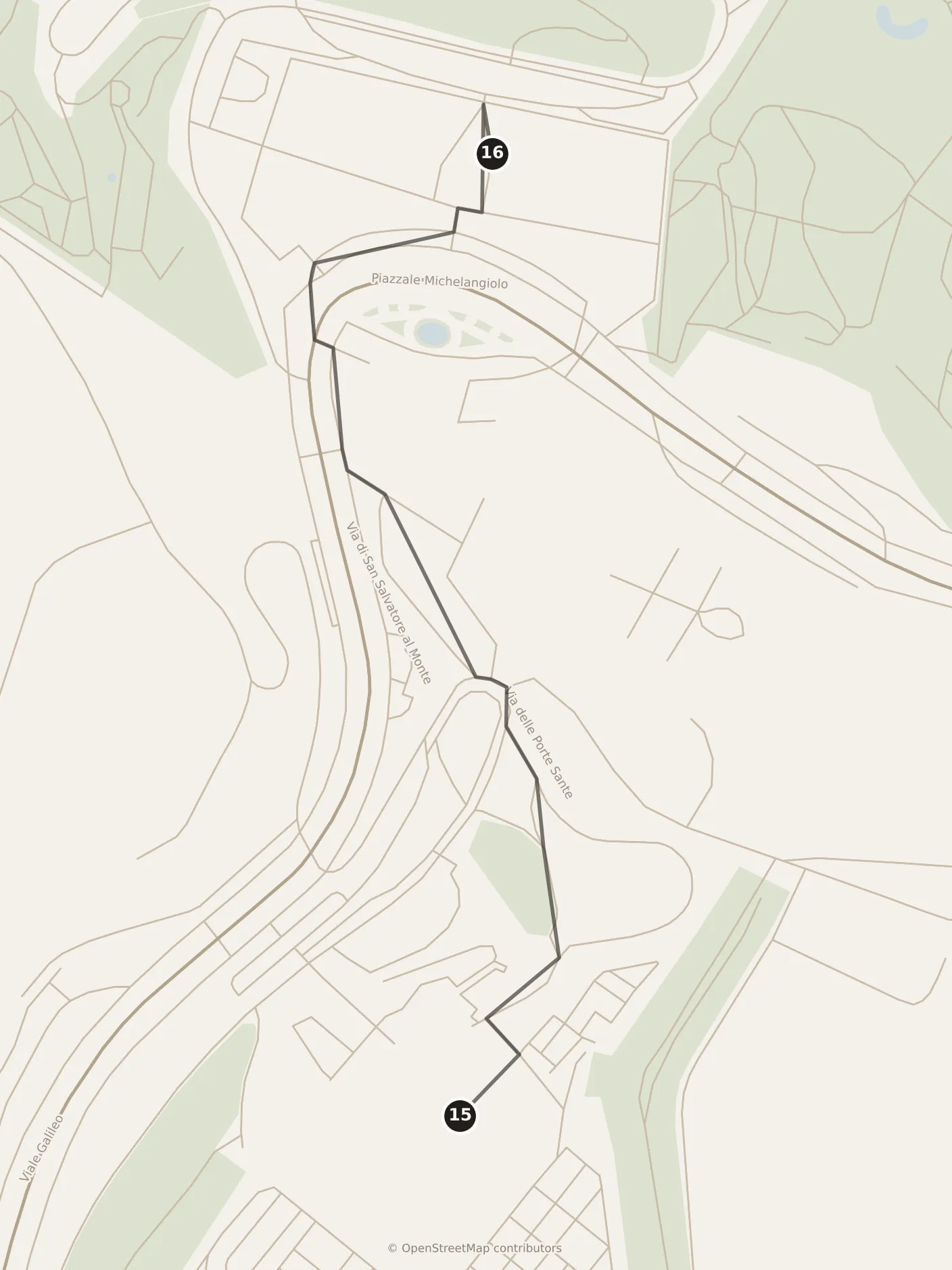 Map of Florence, evening: stops 15–16, numbered in walking order.
