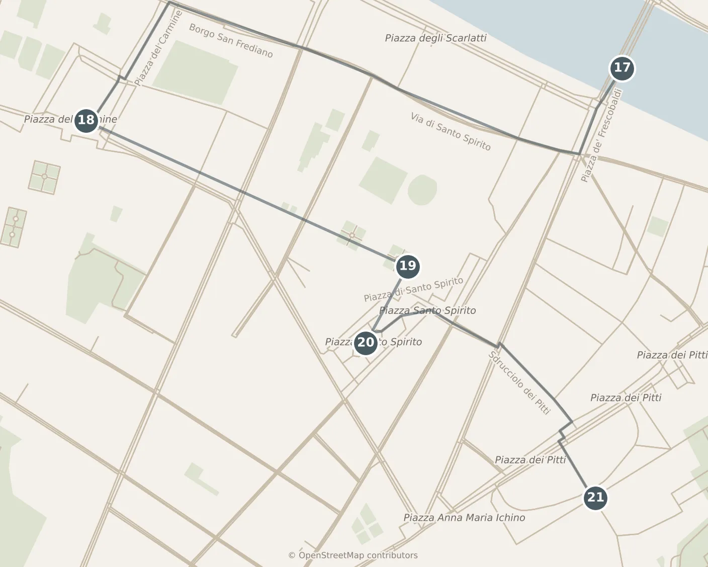 Map of Florence, with a third day: stops 17–21, numbered in walking order.