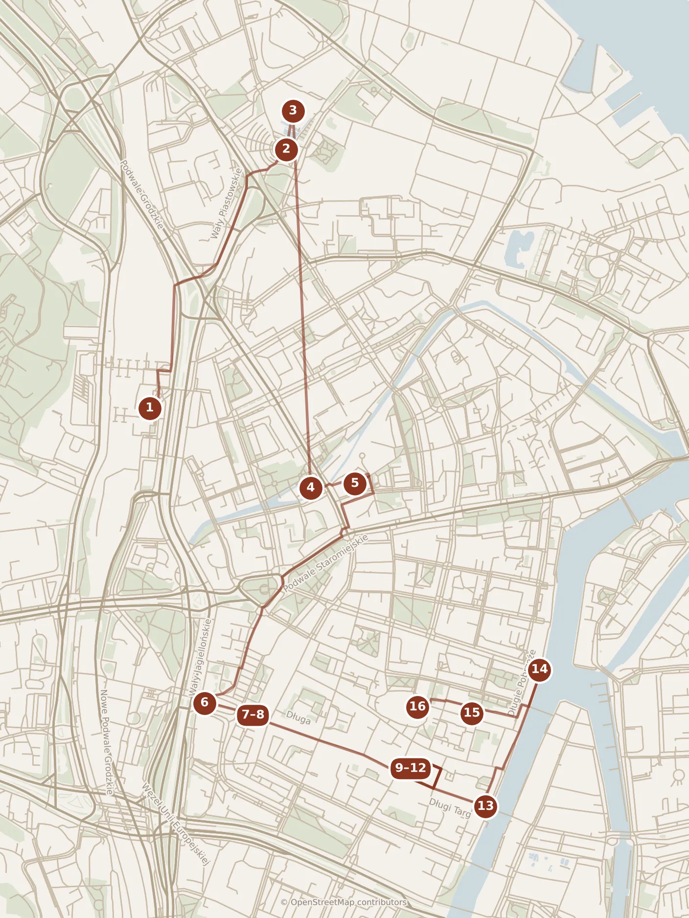 Map of Gdańsk, the day: stops 1–16, numbered in walking order.