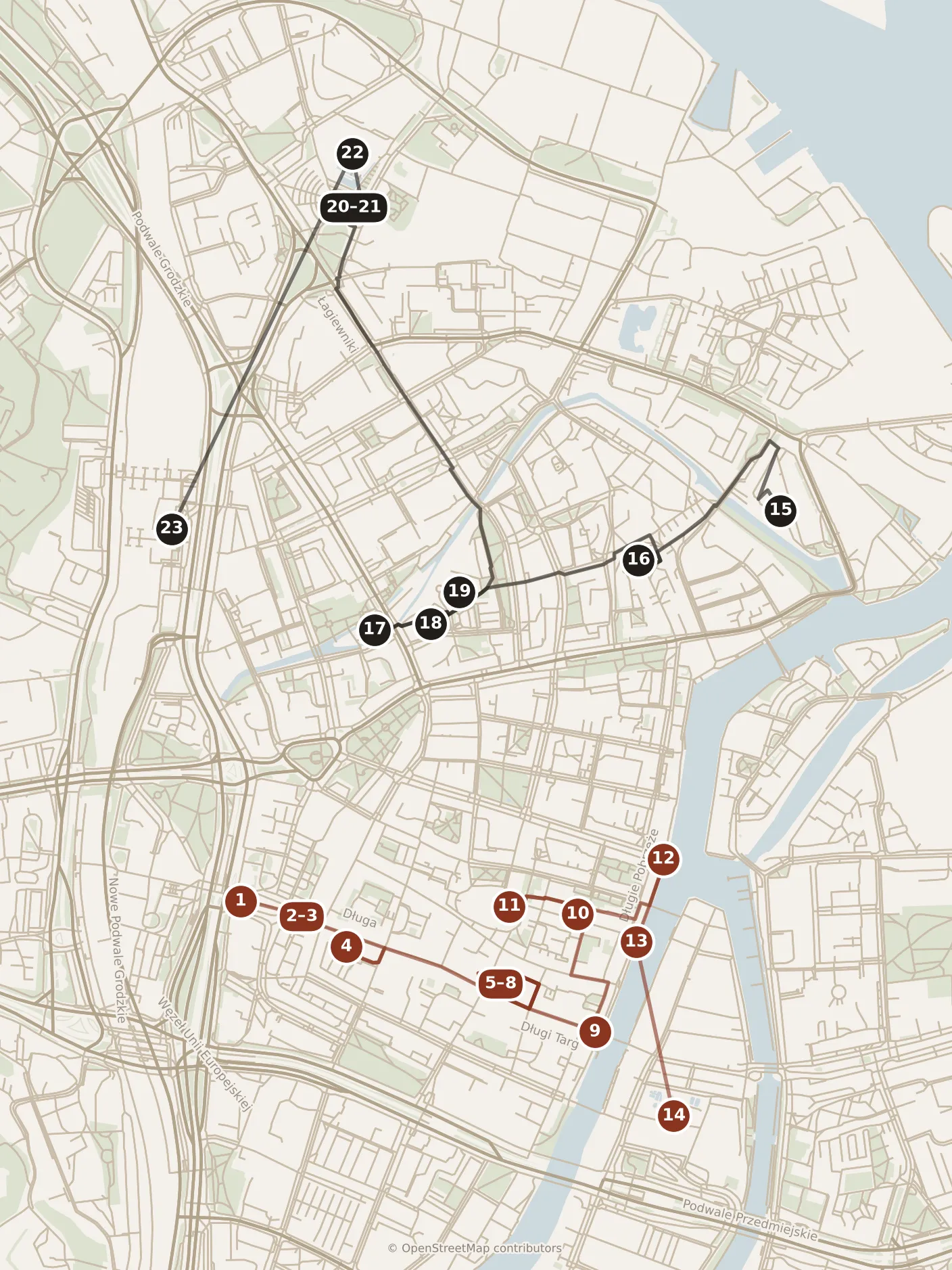 Map of Gdańsk, day one and day two: stops 1–23, numbered in walking order.