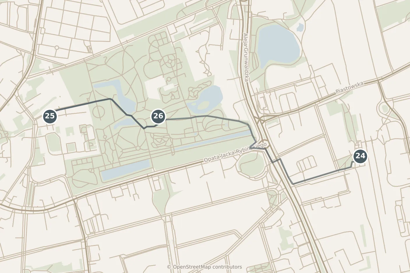 Map of Gdańsk, morning: stops 24–26, numbered in walking order.