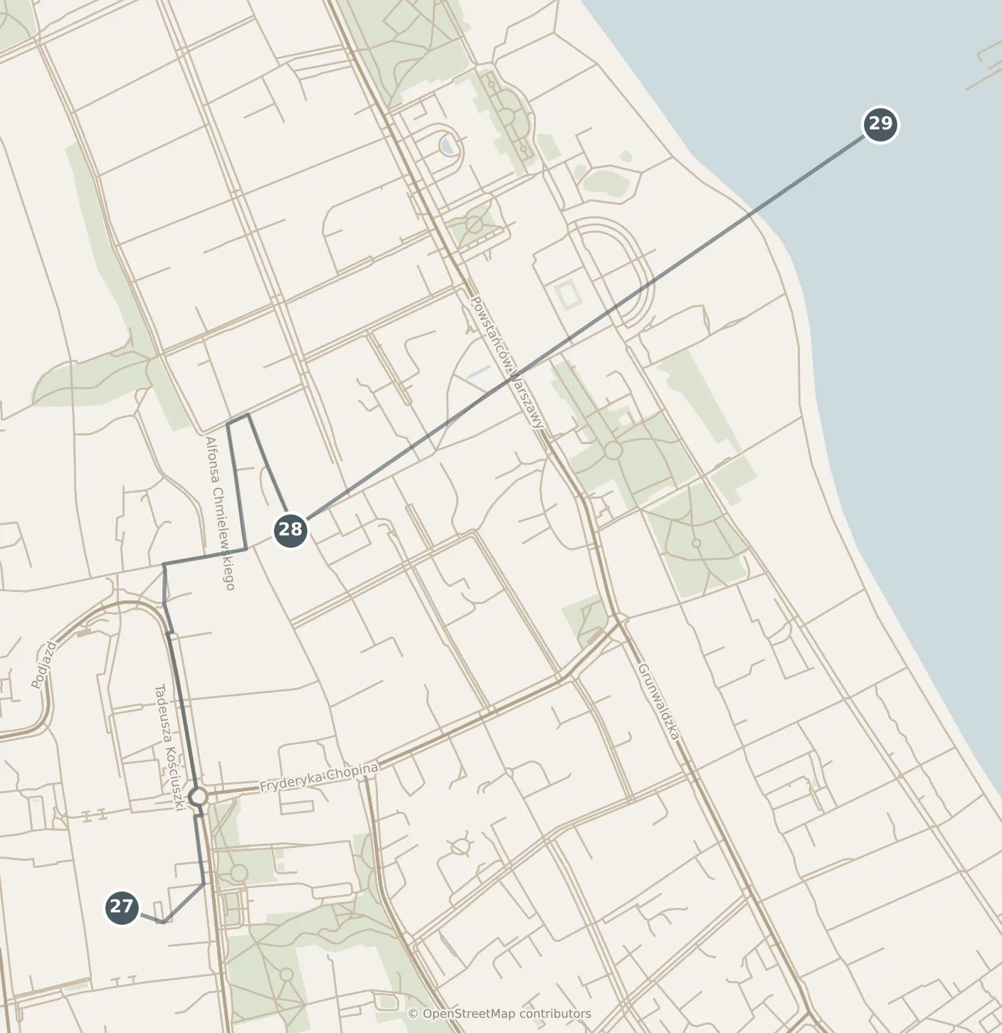 Map of Gdańsk, afternoon: stops 27–29, numbered in walking order.