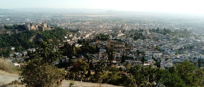 A wide daytime view over Granada from a hillside above the city: the ochre walls and towers of the Alhambra on a wooded hill at the left, the white houses and cypresses of the Albaicín spread below, and the flat city running out to the plain in the haze beyond.