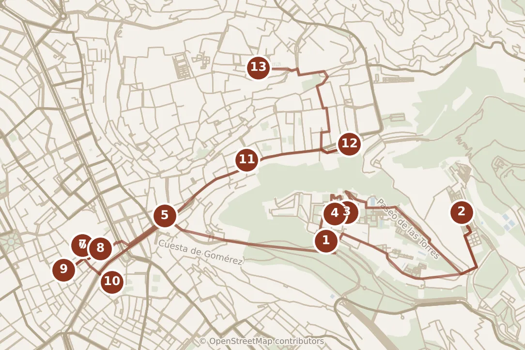 Map of Granada, the day: stops 1–13, numbered in walking order.