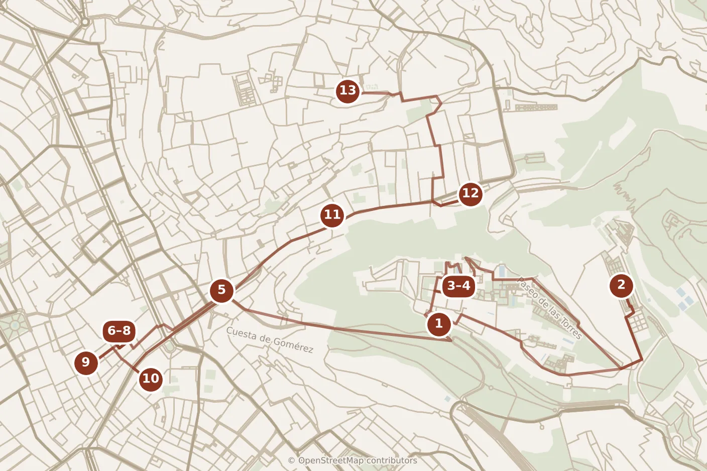 Map of Granada, the day: stops 1–13, numbered in walking order.