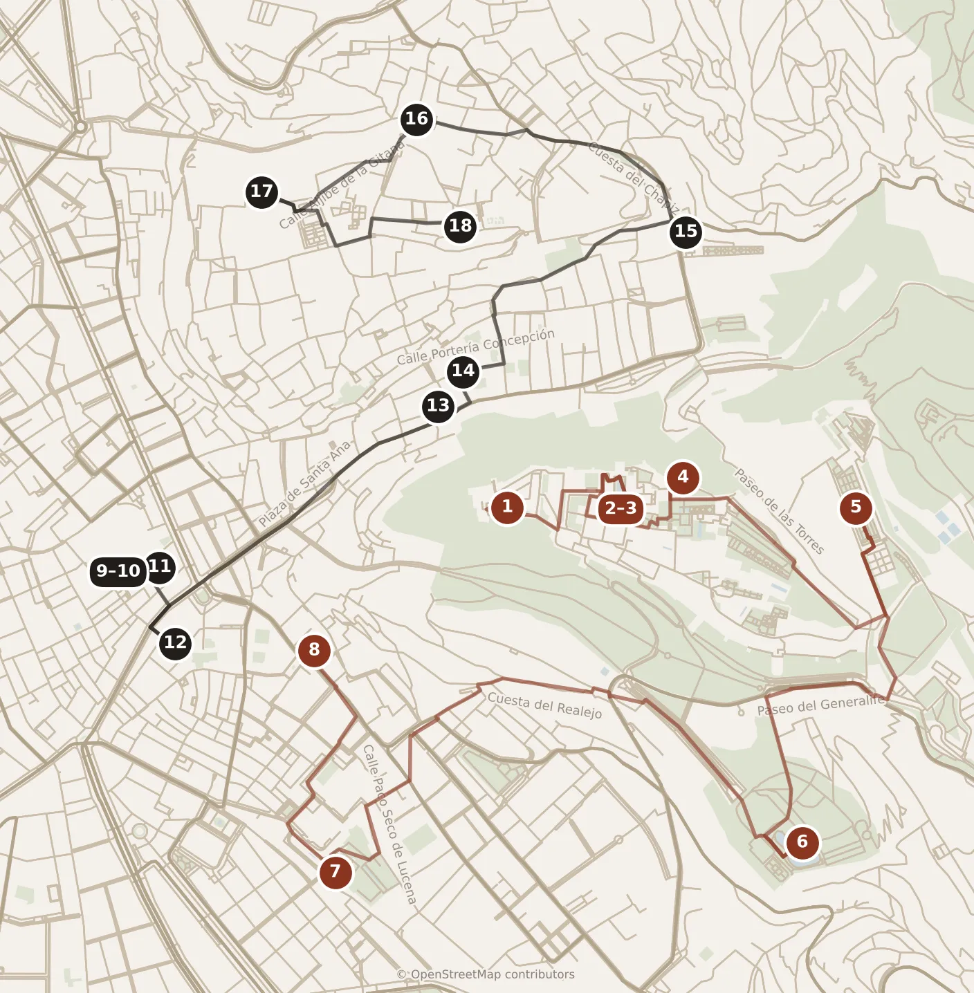Map of Granada, day one and day two: stops 1–18, numbered in walking order.