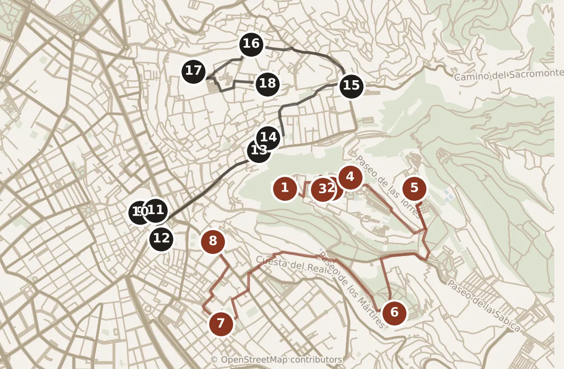 Map of Granada, day one and day two: stops 1–18, numbered in walking order.