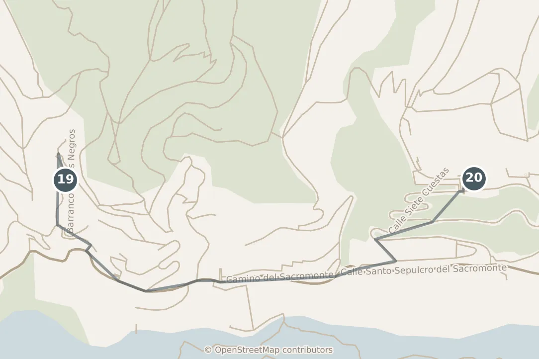 Map of Granada, with a third day: stops 19–20, numbered in walking order.