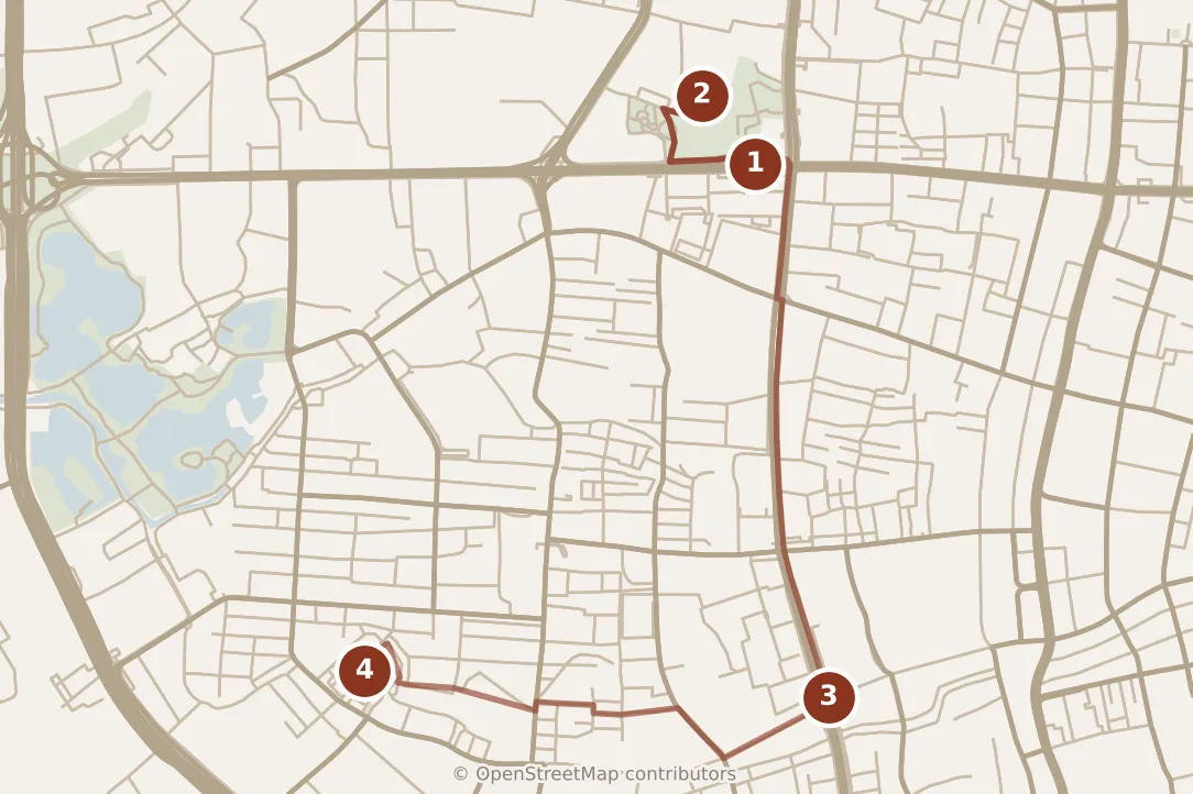 Map of Guangzhou, morning: stops 1–4, numbered in walking order.