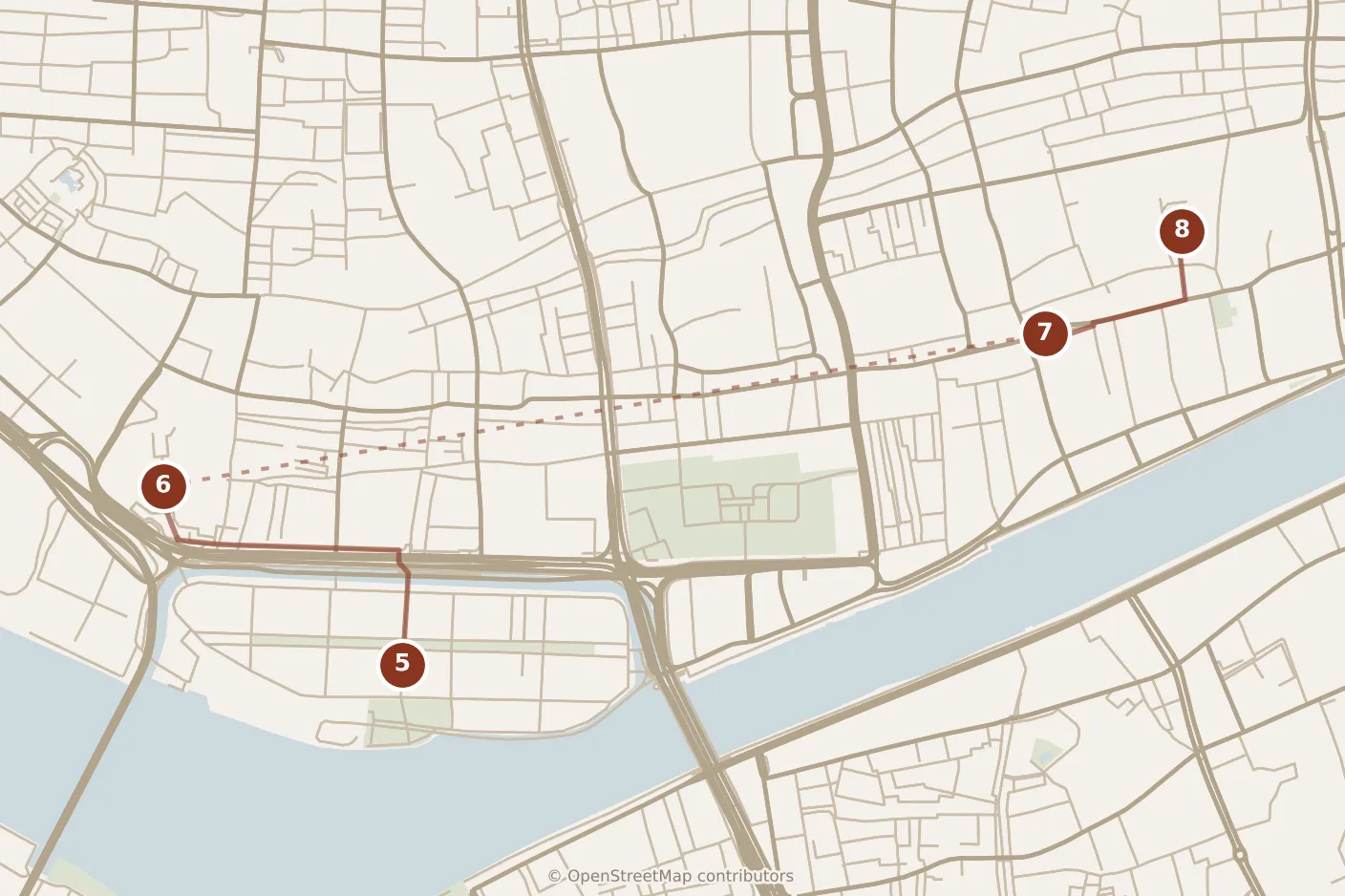 Map of Guangzhou, afternoon: stops 5–8, numbered in walking order.