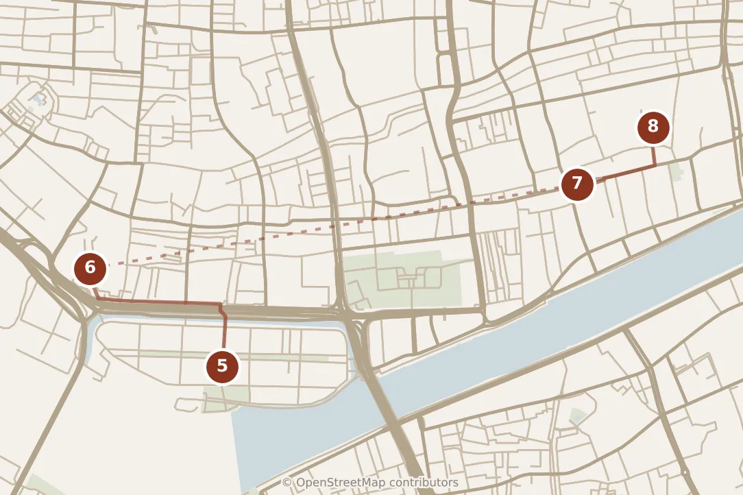 Map of Guangzhou, afternoon: stops 5–8, numbered in walking order.