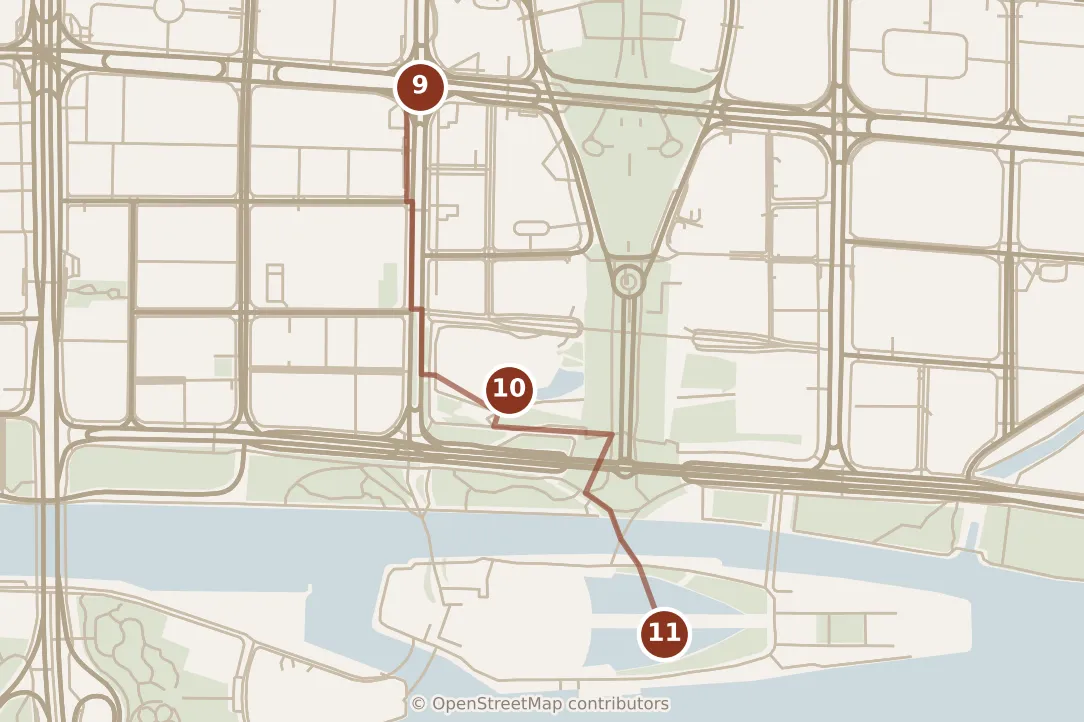 Map of Guangzhou, evening: stops 9–11, numbered in walking order.