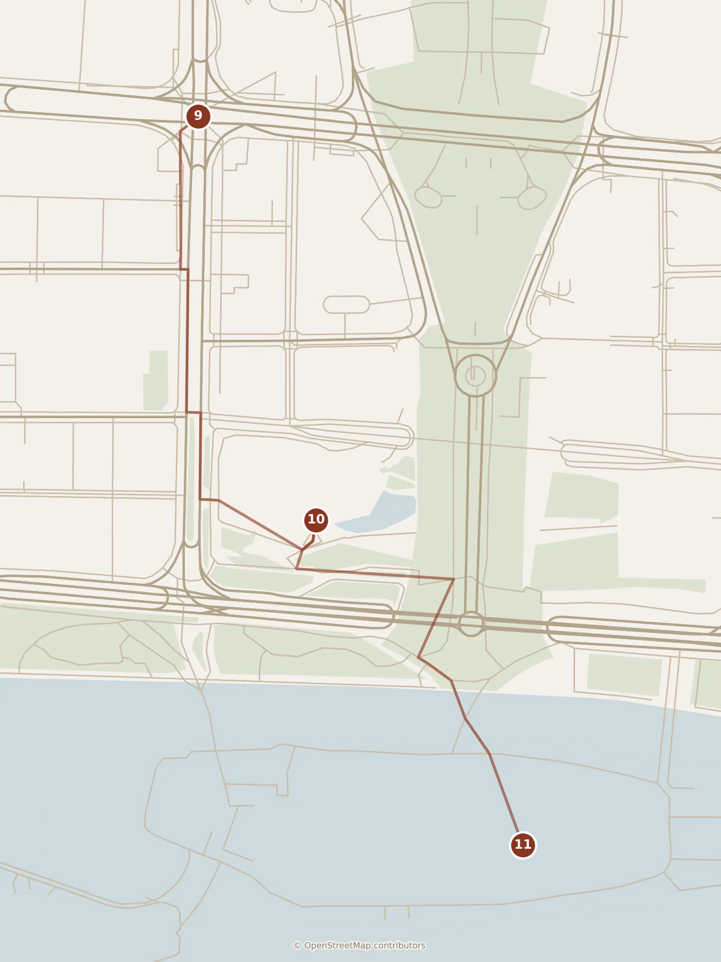 Map of Guangzhou, evening: stops 9–11, numbered in walking order.