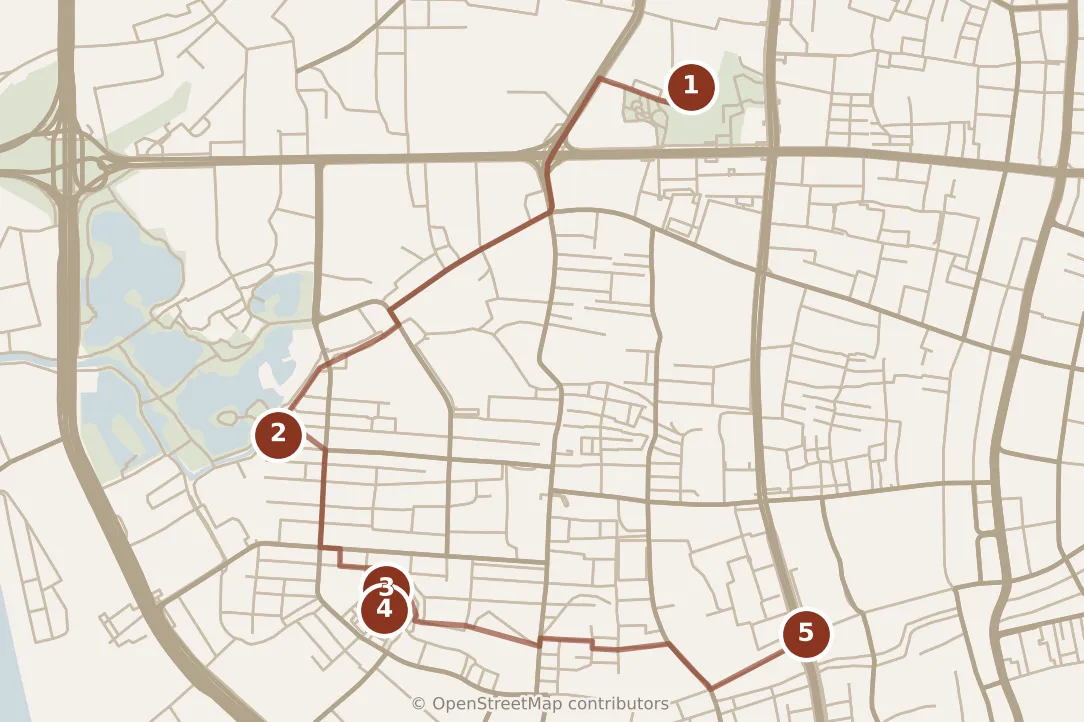 Map of Guangzhou, morning and afternoon: stops 1–5, numbered in walking order.