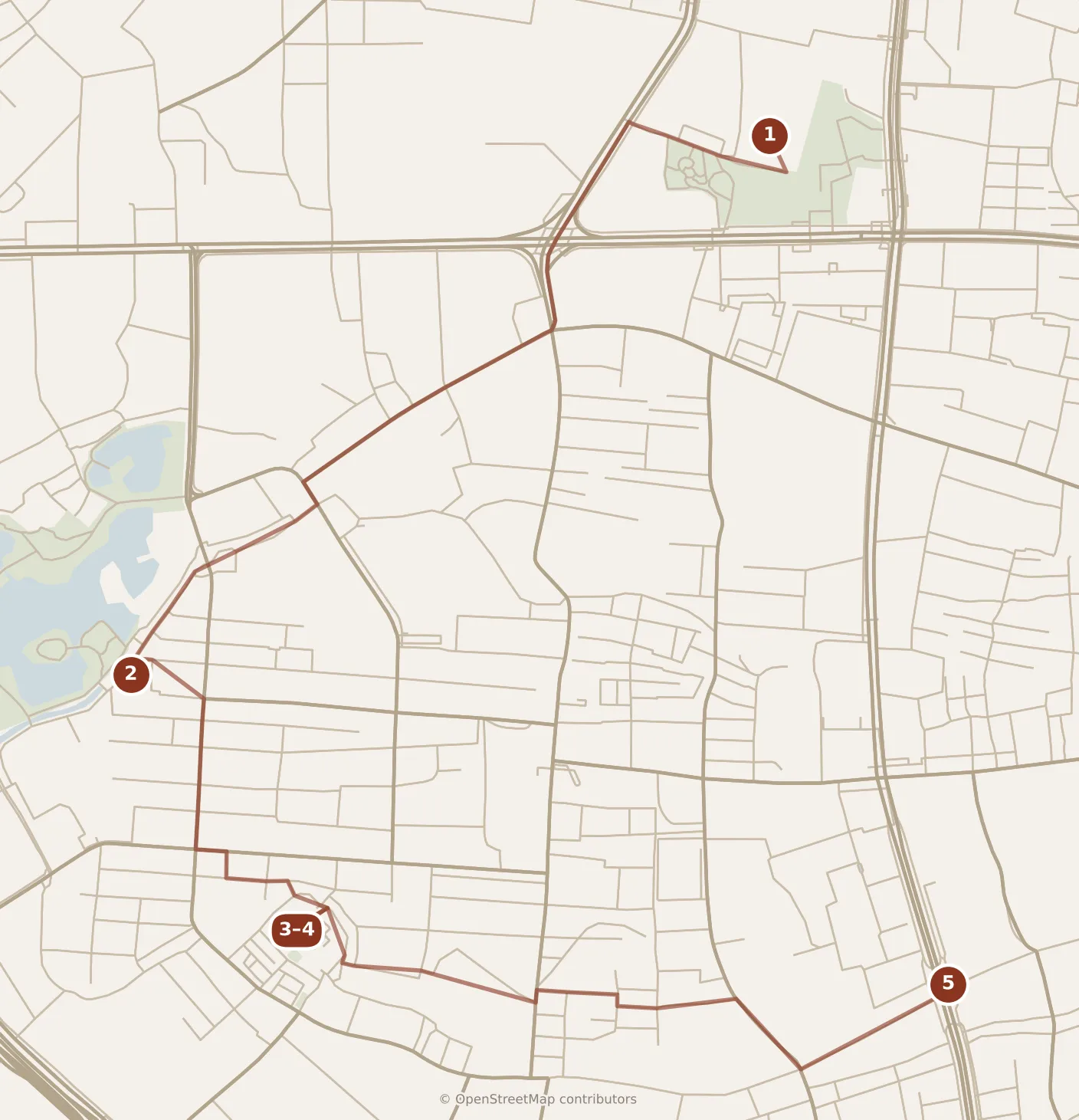 Map of Guangzhou, morning and afternoon: stops 1–5, numbered in walking order.