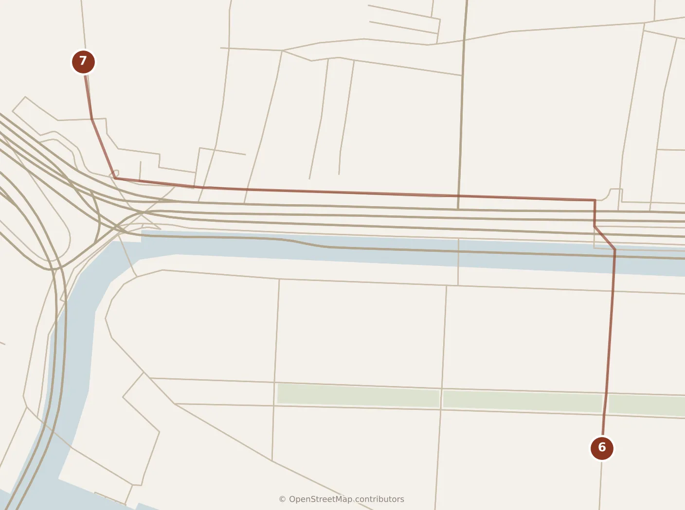 Map of Guangzhou, evening: stops 6–7, numbered in walking order.