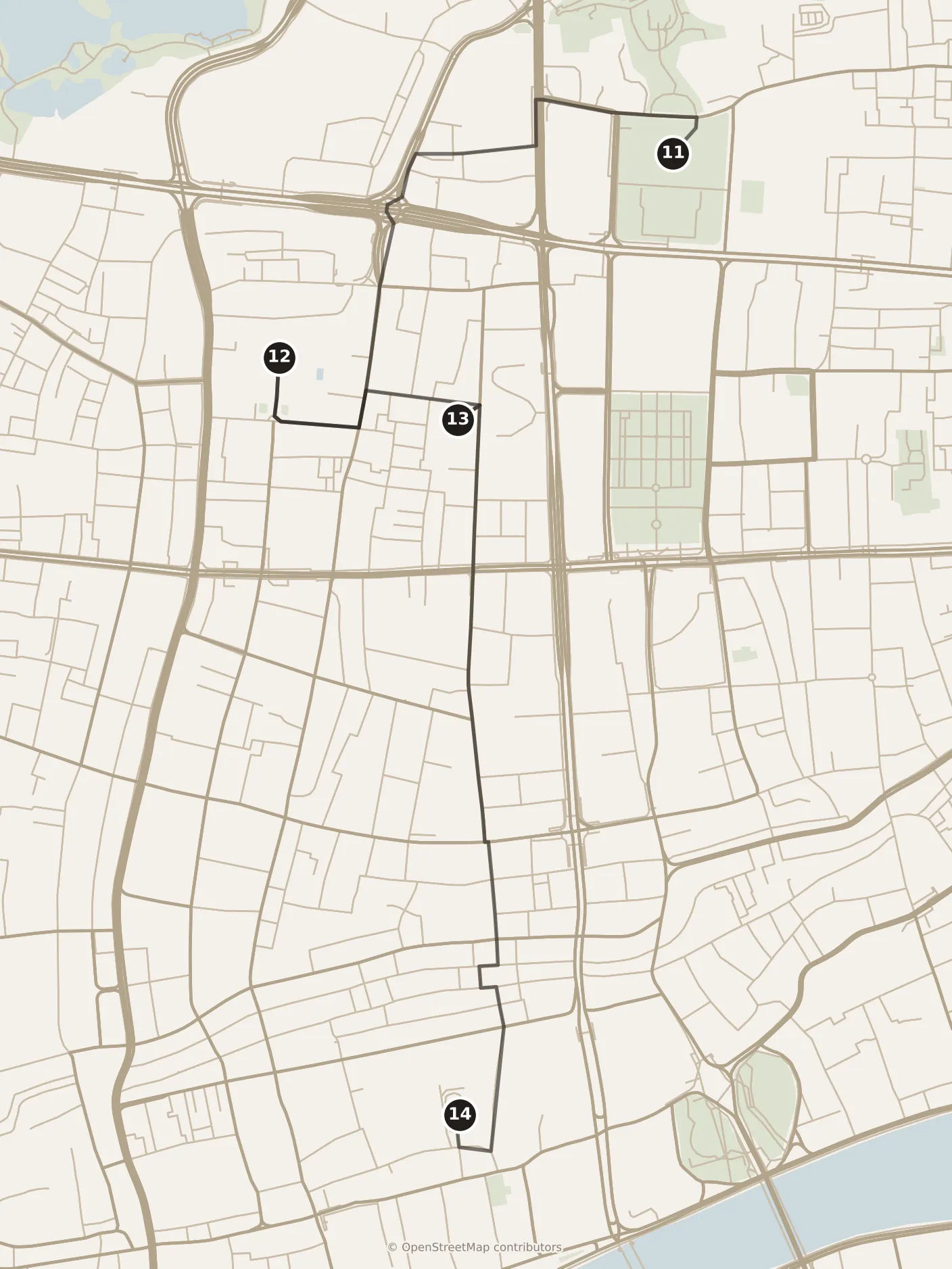 Map of Guangzhou, afternoon: stops 11–14, numbered in walking order.