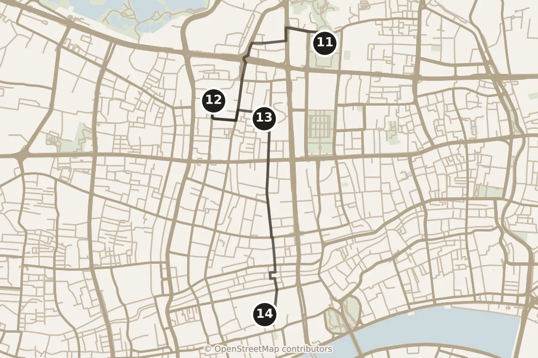 Map of Guangzhou, afternoon: stops 11–14, numbered in walking order.