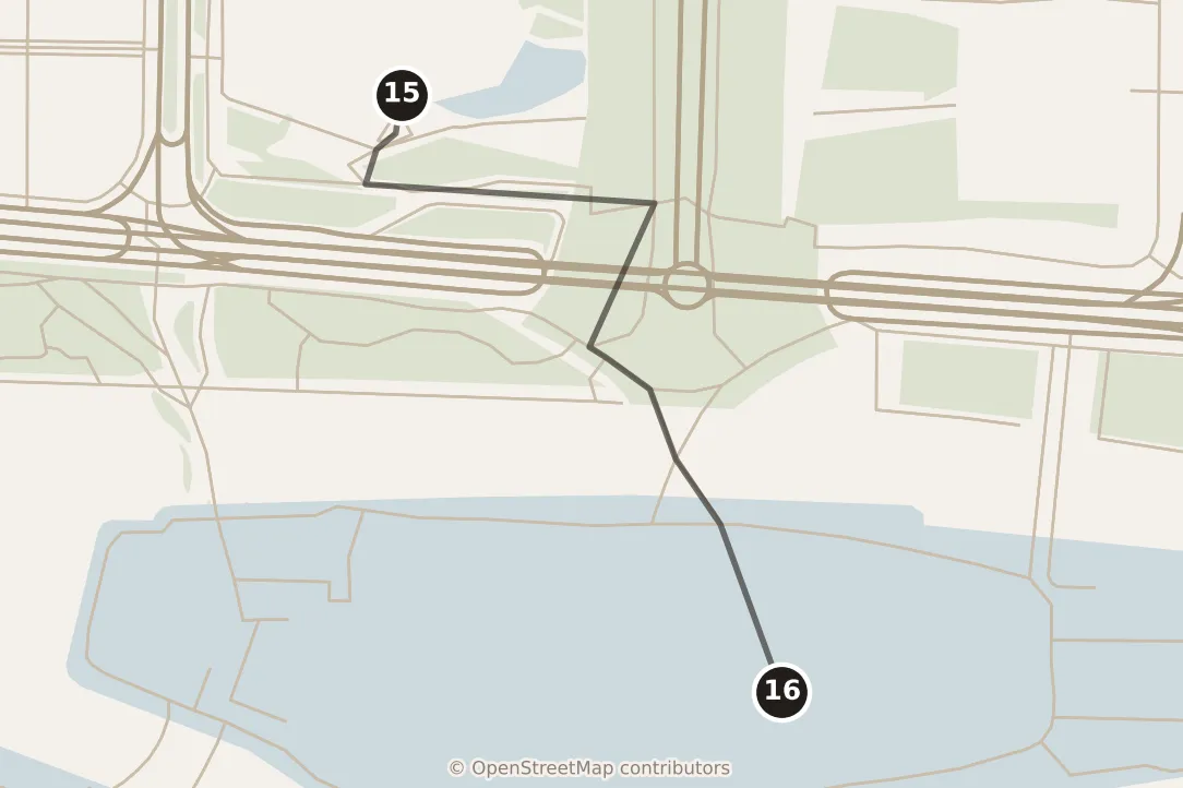 Map of Guangzhou, evening: stops 15–16, numbered in walking order.