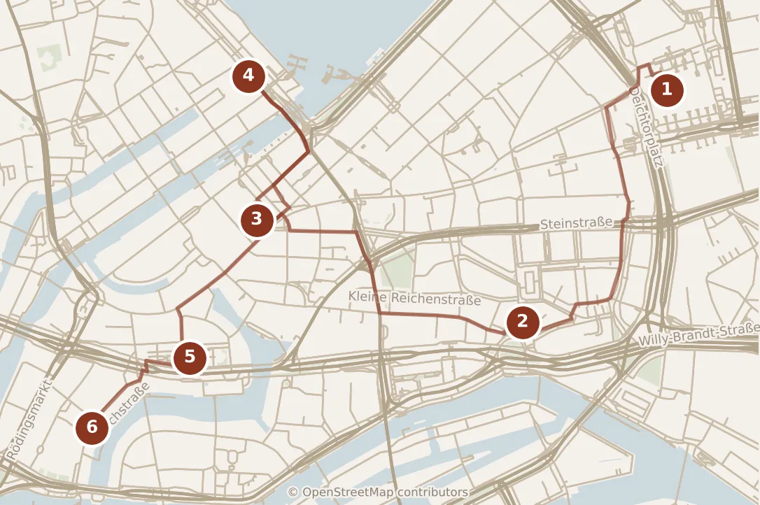 Map of Hamburg, morning: stops 1–6, numbered in walking order.