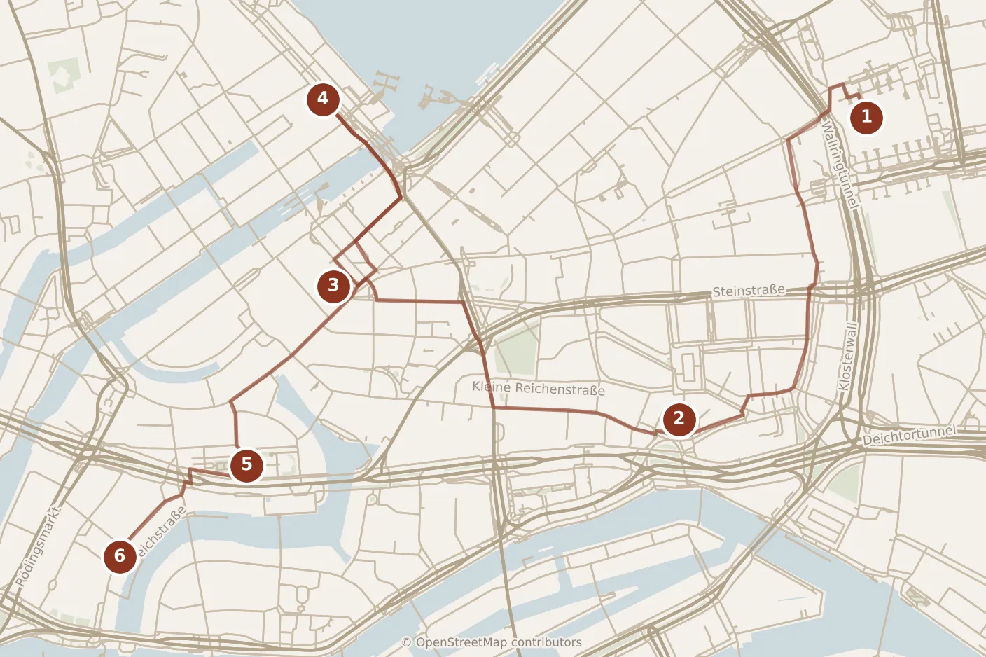 Map of Hamburg, morning: stops 1–6, numbered in walking order.