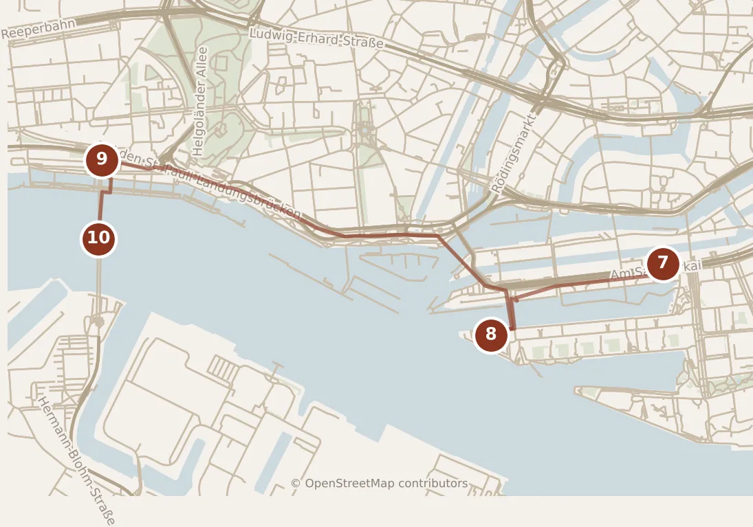 Map of Hamburg, afternoon: stops 7–10, numbered in walking order.