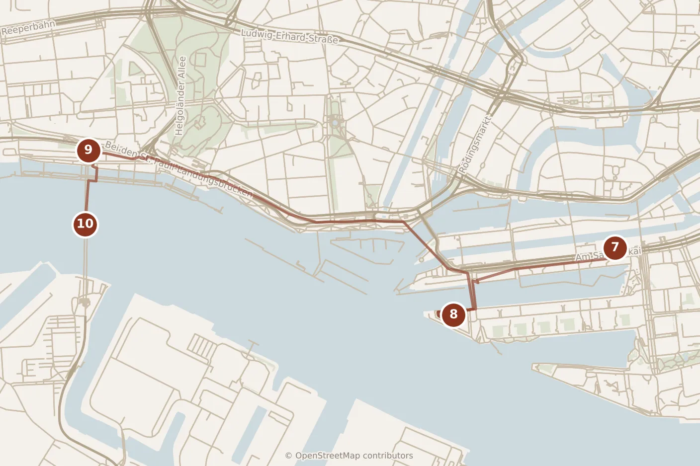 Map of Hamburg, afternoon: stops 7–10, numbered in walking order.