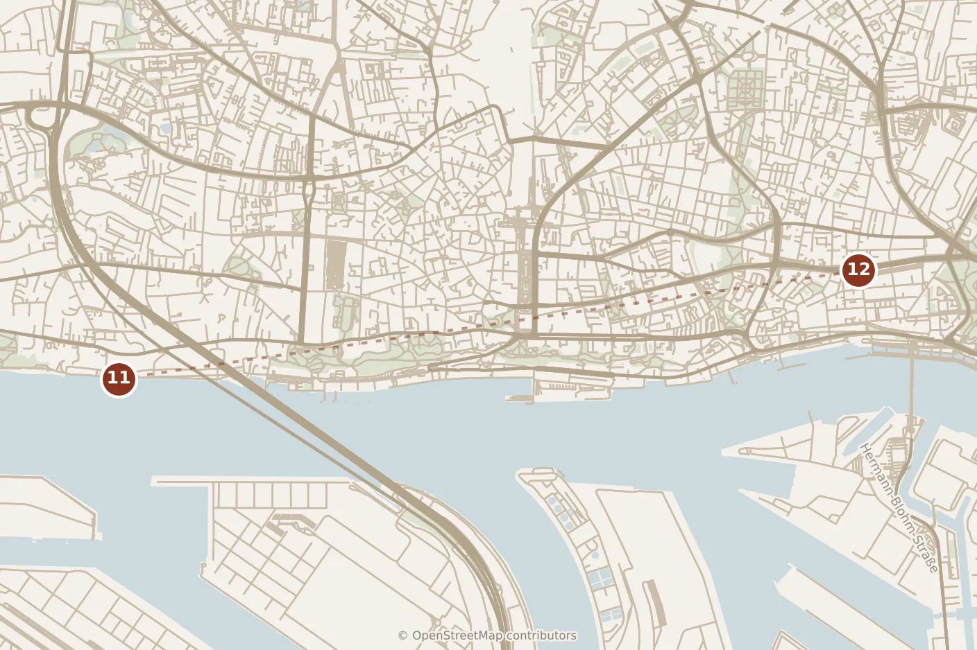 Map of Hamburg, evening: stops 11–12, numbered in walking order.