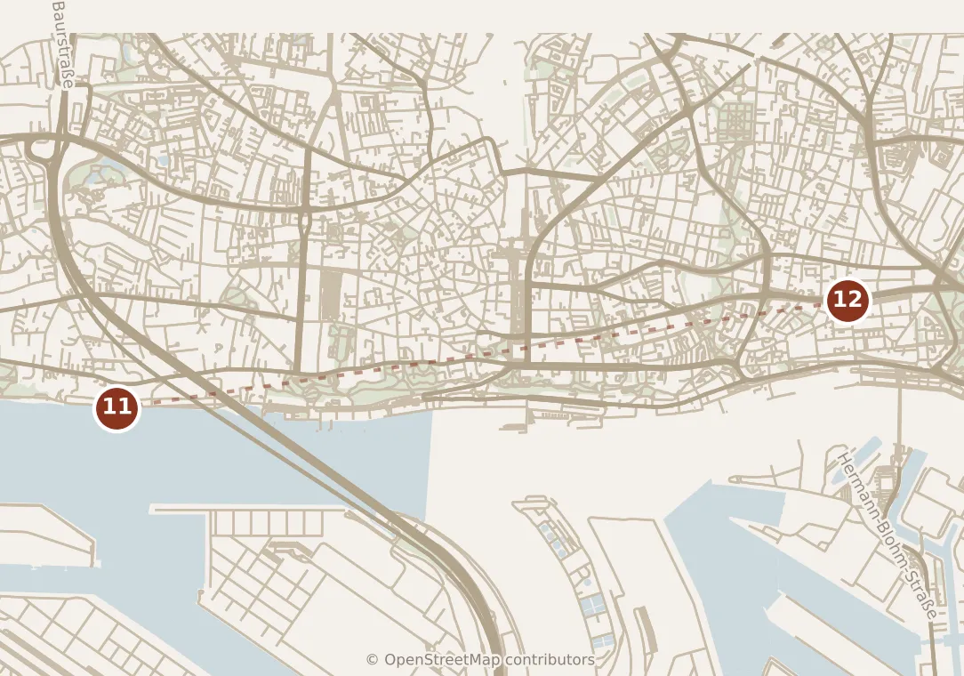 Map of Hamburg, evening: stops 11–12, numbered in walking order.