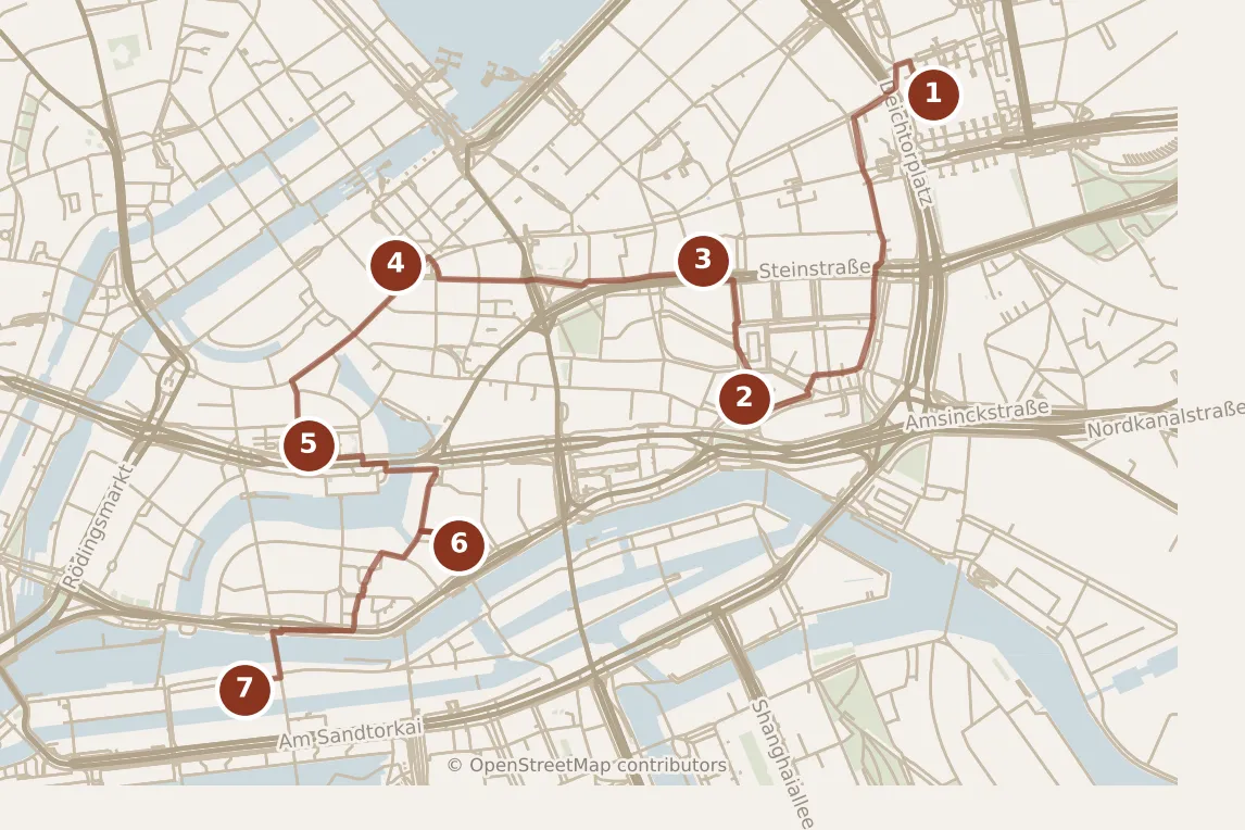 Map of Hamburg, morning and afternoon: stops 1–7, numbered in walking order.