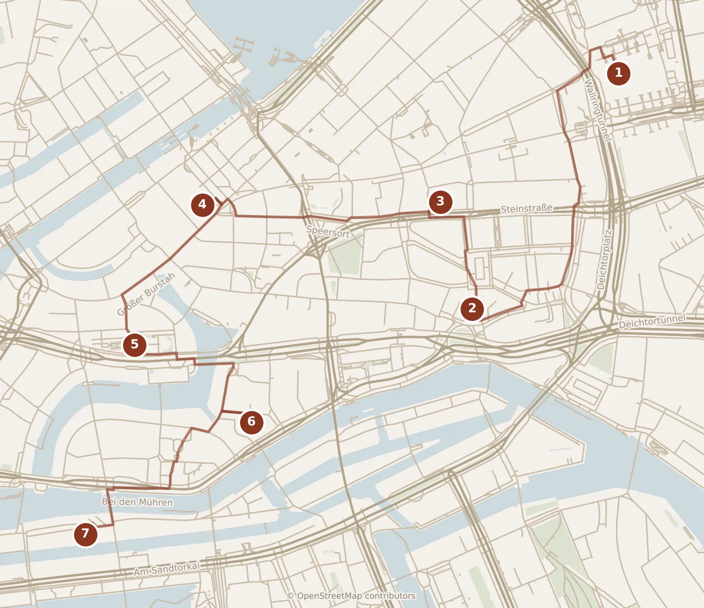Map of Hamburg, morning and afternoon: stops 1–7, numbered in walking order.