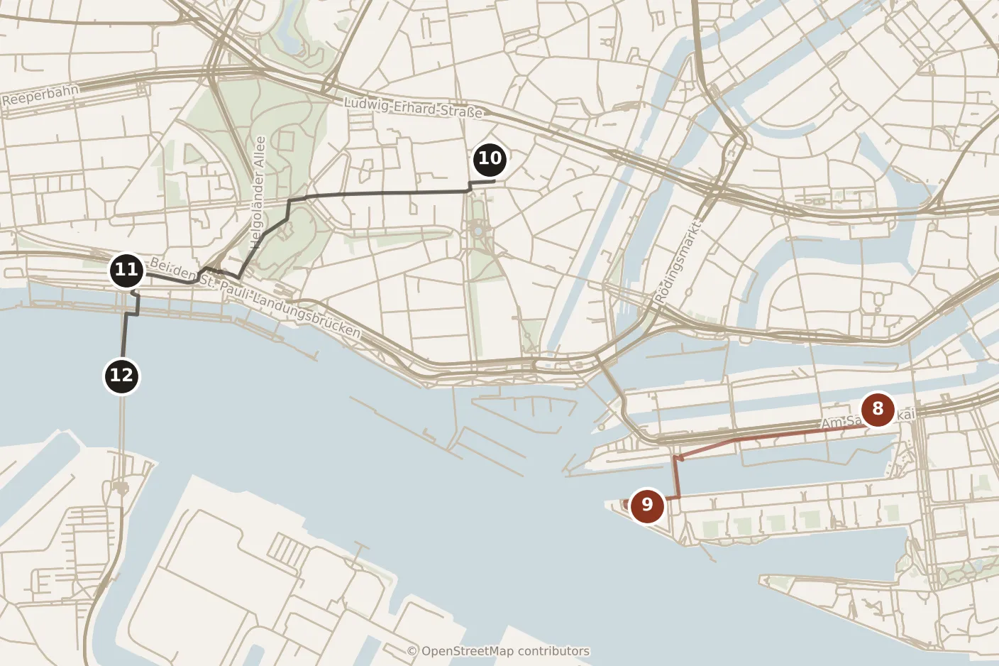 Map of Hamburg, day one and day two: stops 8–12, numbered in walking order.