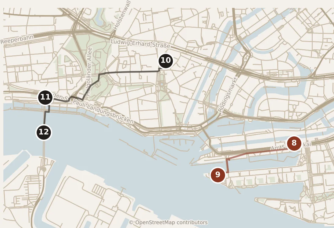 Map of Hamburg, day one and day two: stops 8–12, numbered in walking order.