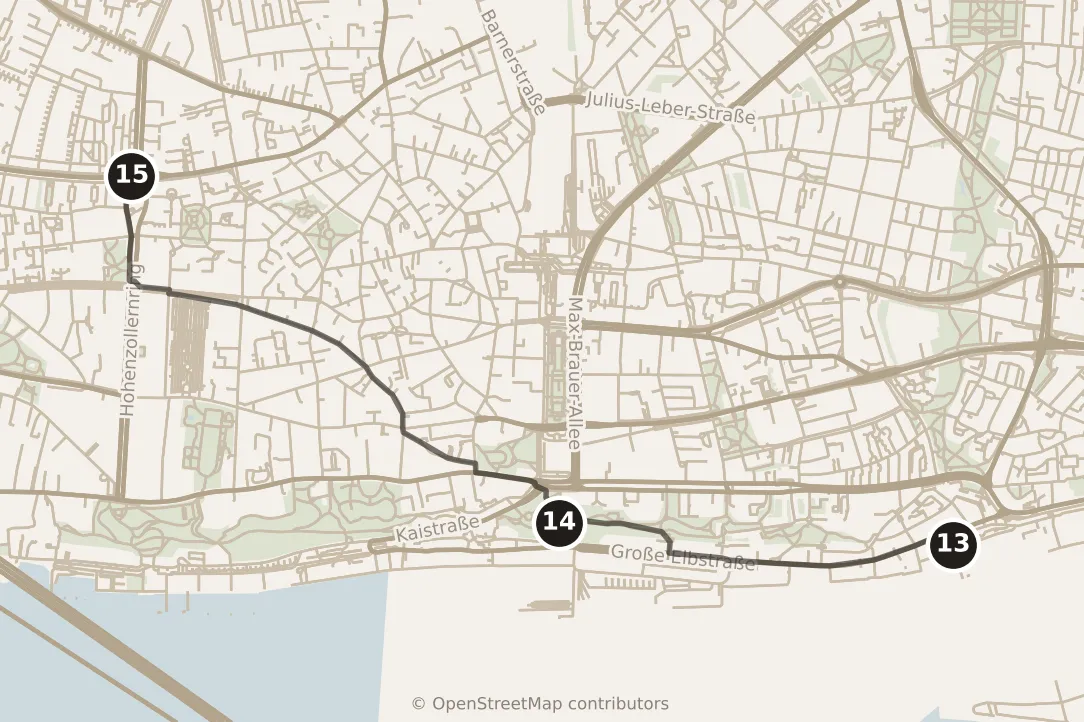 Map of Hamburg, afternoon: stops 13–15, numbered in walking order.