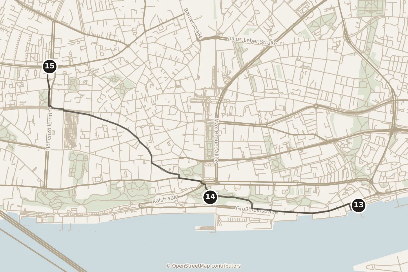 Map of Hamburg, afternoon: stops 13–15, numbered in walking order.