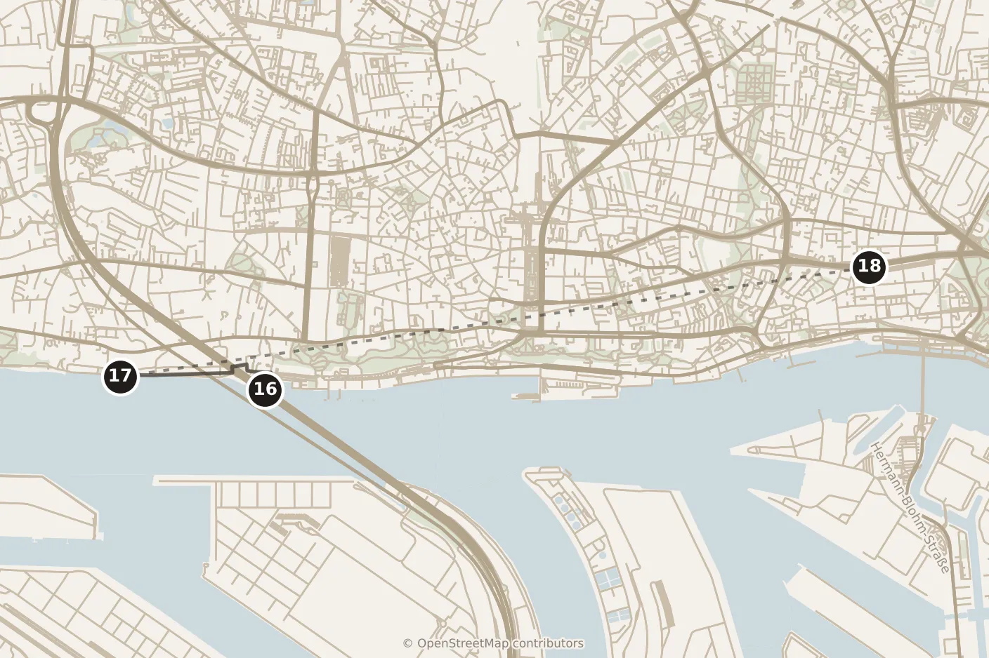 Map of Hamburg, evening: stops 16–18, numbered in walking order.