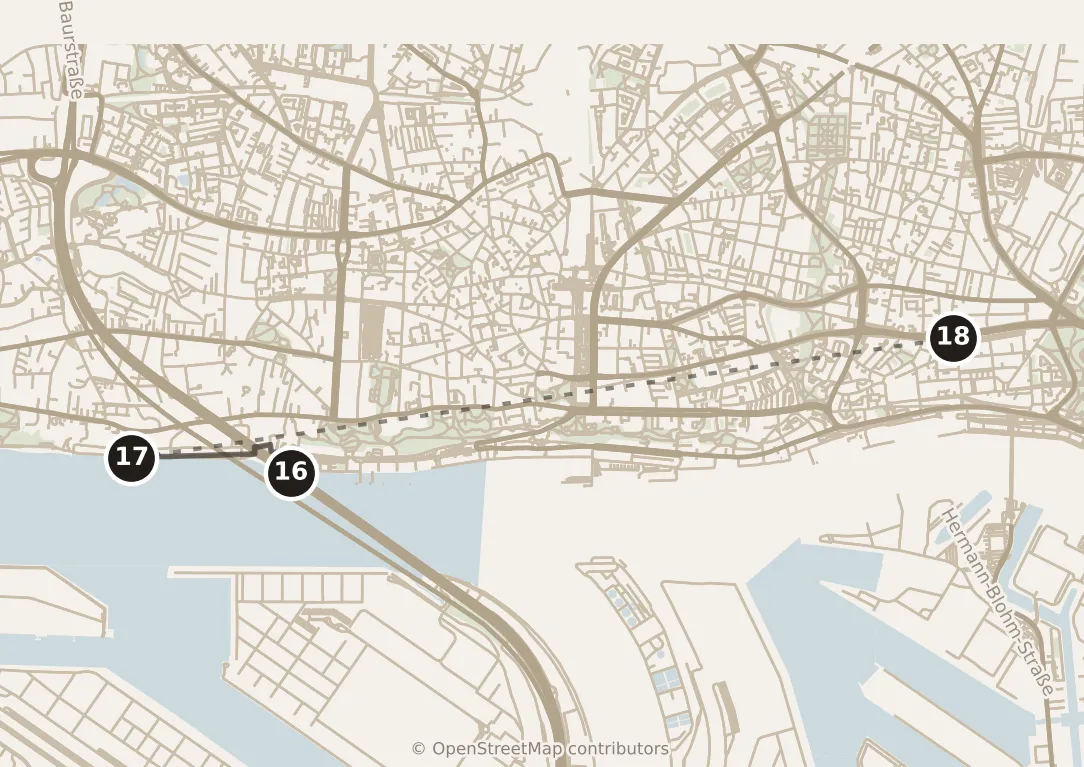 Map of Hamburg, evening: stops 16–18, numbered in walking order.