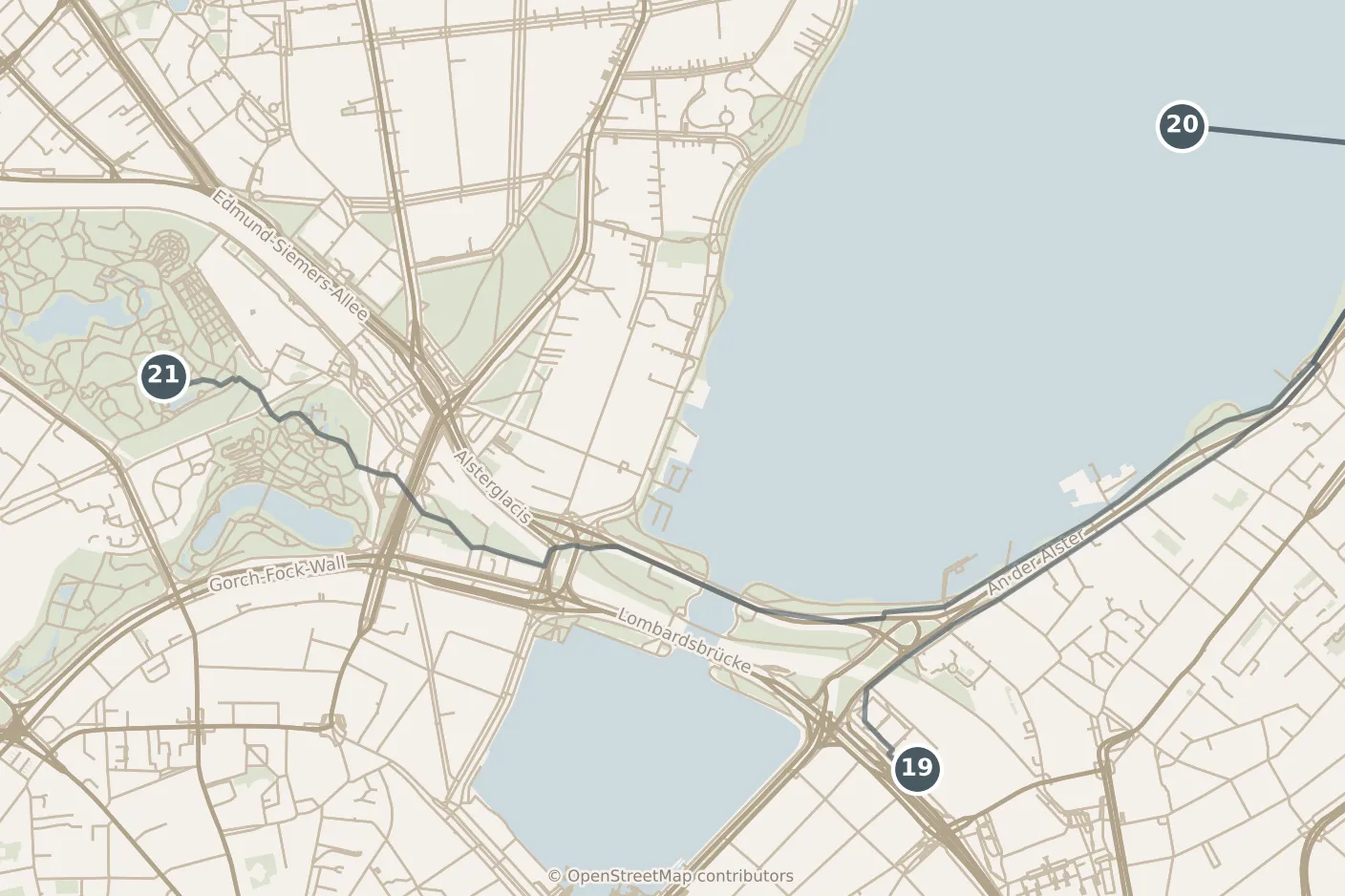 Map of Hamburg, with a third day: stops 19–21, numbered in walking order.