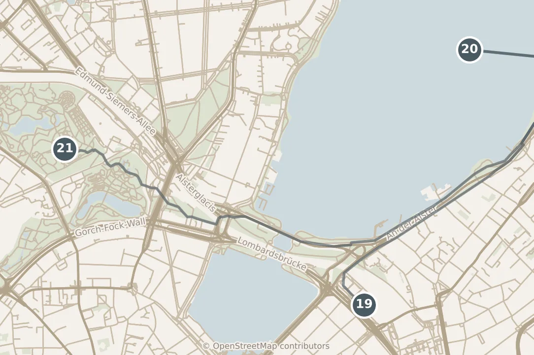 Map of Hamburg, with a third day: stops 19–21, numbered in walking order.