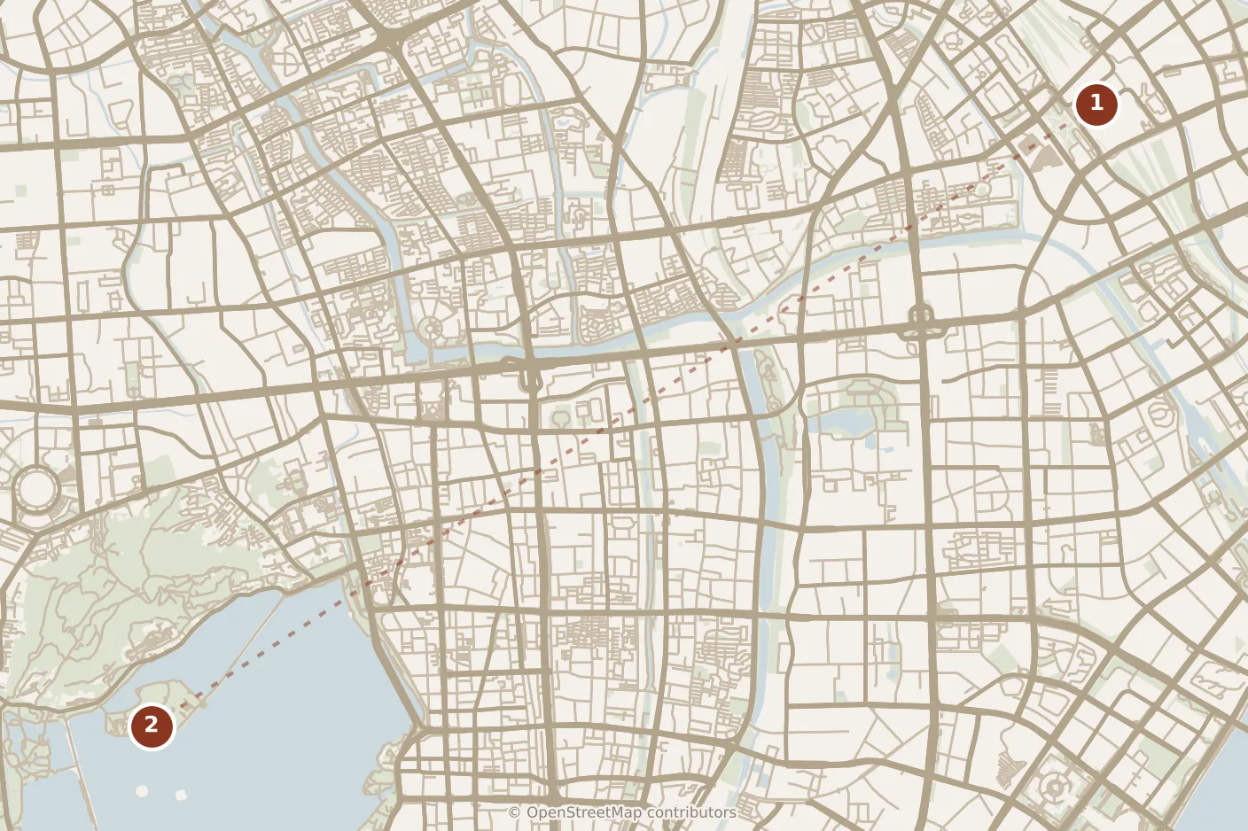 Map of Hangzhou, morning: stop 1, numbered in walking order.